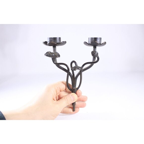 Vintage bronze Japanese candleholder handmade lotus flower candle stick stand - Picture 2 of 4